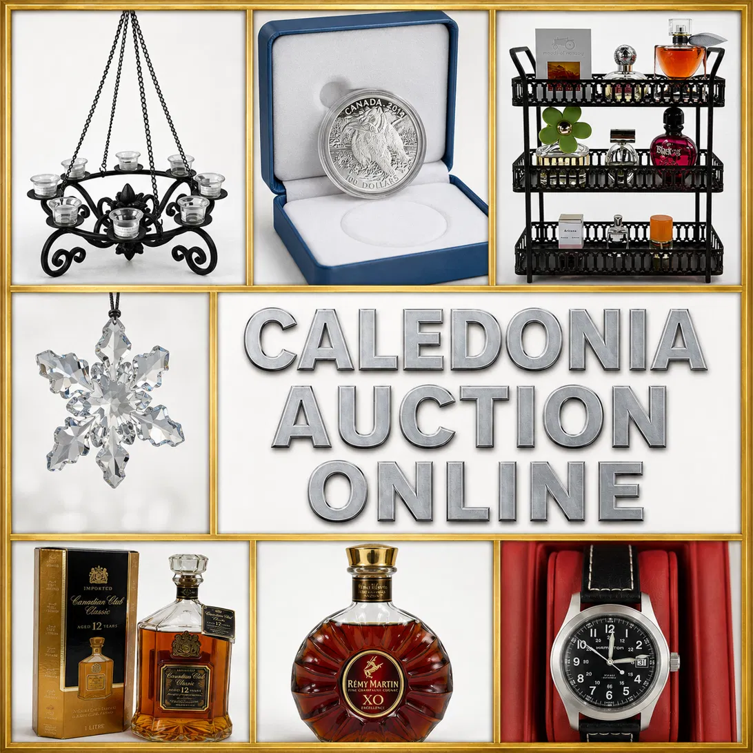 Caledonia Auction Online Fall sale — wrought-iron chandelier, Canadian Mint silver coin, perfume lot, Swarovski crystal snowflake, Canadian Club and Rémy Martin XO cognac, and a Hamilton wristwatch